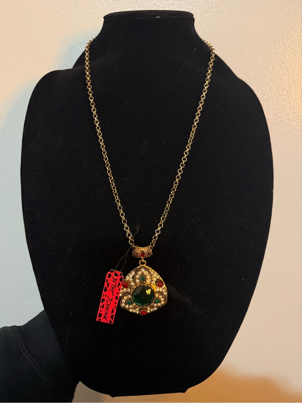 Betsey Johnson Gold Pendant Necklace with Green and Red Accents